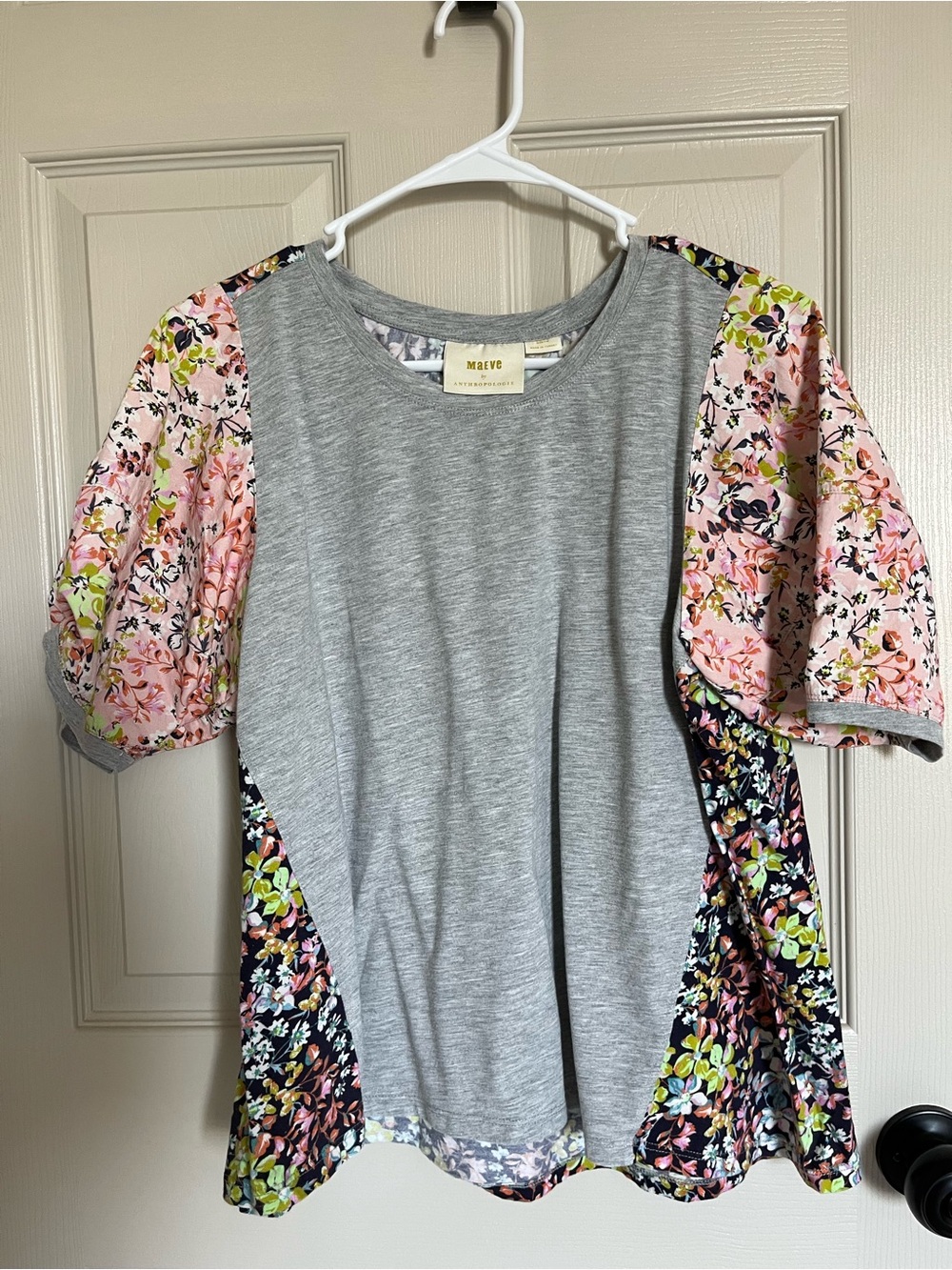 Maeve Heather Gray Tee with Pink Floral Puff Sleeves and Navy Floral Panels